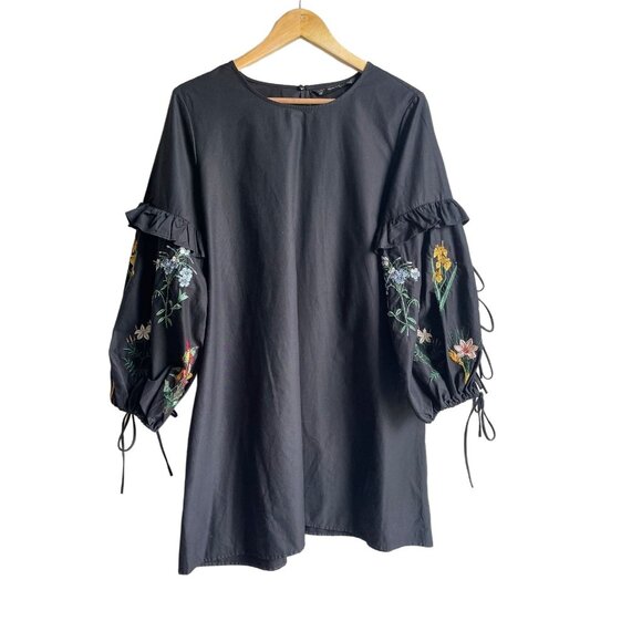 Zara Black Floral Embroidered Boho Mini Dress Large Balloon Ruffle Tie Sleeves - Picture 2 of 8